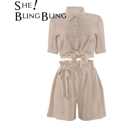 SheBlingBling Za Woman 2021 Casual Traf Summer Shirts 2 Pieces Sets Button Tops High Waist Shorts Fashion Retro Female Solid Set
