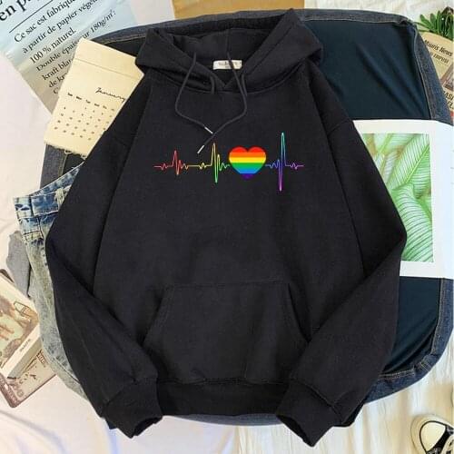 Hoody Beating Heart Rainbow Printed Womens 2021 Hoodie With Hood Long Sleeve Hip Hop Clothes Korean Aesthetic Sweatshirts Women