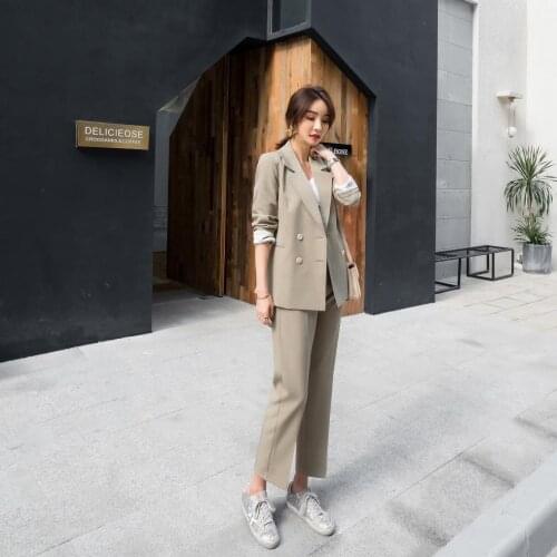 2-piece set Retro Double Breasted Women Pant Suit Notched Blazer Jacket & High Waist Pant Spring Office Wear Women Suits