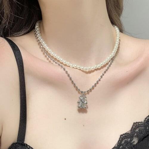 Korean Fashion Pearl Choker Cute Teddy Bear Pendant Layered Necklace for Women Beaded Gold Color Neck Chain Choker Collar Gift