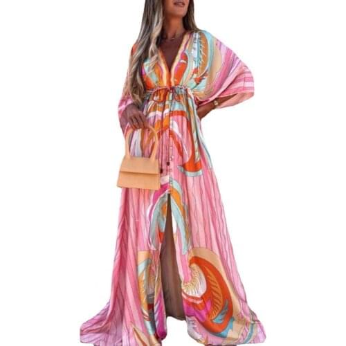 Vintage Women Dress Printed V Neck Long Sleeve High Waist Hit Color Side Split Floor Length Sexy Dresses Dropshipping robe femme