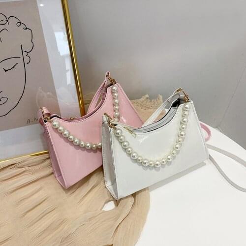 2021 Fashion Shiny PU Leather Women Shoulder Crossbody Bags Casual Solid Color Messenger Bags Pearl Chain Ladies Daily Handbags