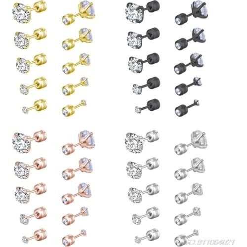 5Pairs Stainless Steel Cubic Zirconia Stud Earrings Set for Hypoallergenic Multi-Piercing Ears of Men Women Boy Girls wholesales