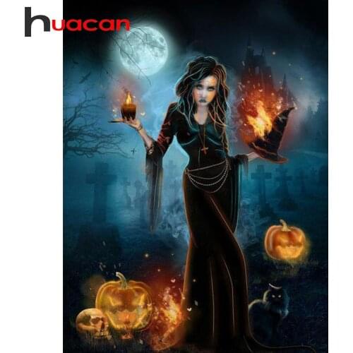 Huacan Full Square Diamond Embroidery Mosaic Art Witch Diamond Painting Cross Stitch Halloween DIY Handmade Wall Decor