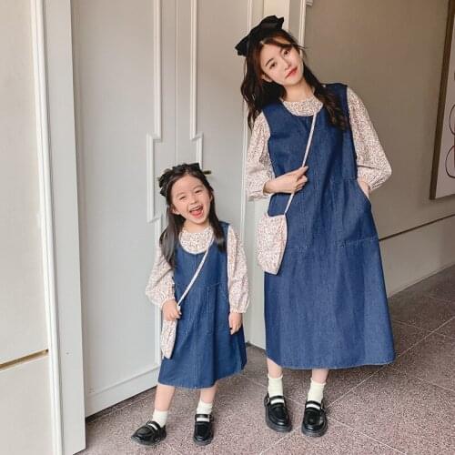 Autumn New Kids Girls Mother-daughter Matching Flower Shirt +Dress Get Bag Free