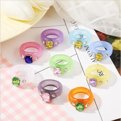 Ins Summer Colorful Transparent Resin Acrylic Crystal Korean Geometric Irregular Square Rings for Women Trendy Jewelry