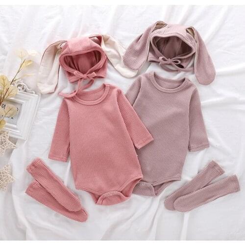 Infant Baby Clothes 2021 Spring Summer New baby boys cute bunny ears Baby Girls romper three-piece bandage hats socks 0-24 Month