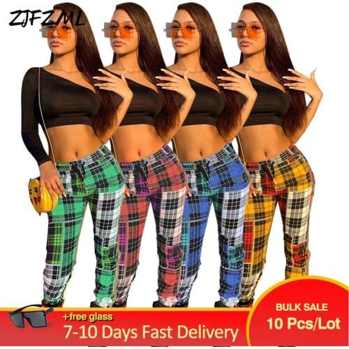 Bulk Items Wholesale Lots Womens Long Pant Hip Hop Plaid Print Sportswear Jogger Trouser Casual Autumn Color Block Sweatpant