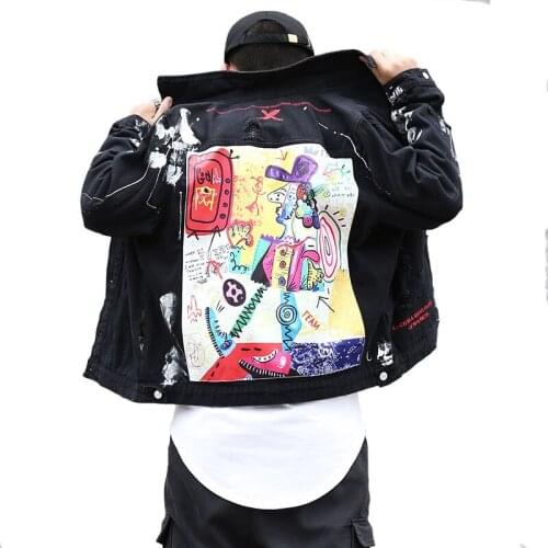 Autumn High Street Style Hip hop Rock Print Denim jacket Men Vintage Hole Patch Designs Leisure Embroidery Cowboy Coat Outerwear