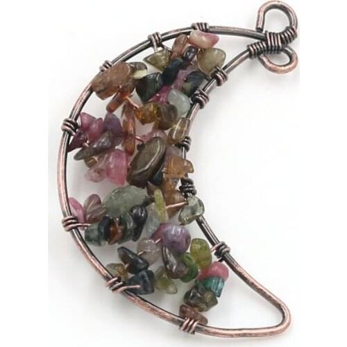 FYSL Copper Wire Wrap Crescent Moon Tourmaline Stone Pendant Carnelian Vintage Style Jewelry