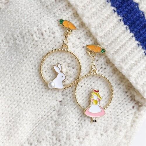 Fashion popular sweet rabbit earrings metal lovely temperament asymmetric joker girl drop glaze stud earrings