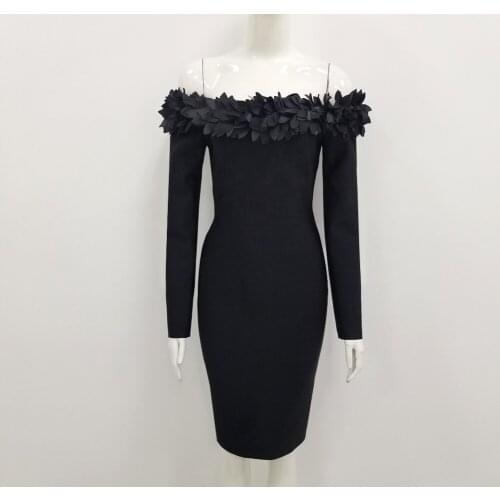 New Arrival Black Long Sleeves Knee Length Petal Shoulder Rayon Bandage Dress Sexy Fashion Celebrity Bandagem Vestios