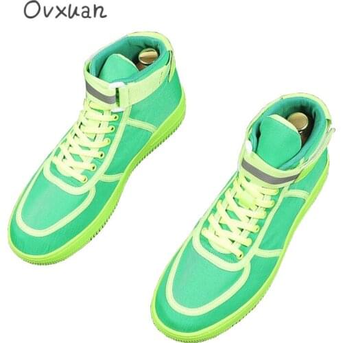 OVXUAN Green Canvas Botas Round Toe High Top Stripe American Street Style Concise Ankle Boots Men Flats Zapatillas Hombre Casual