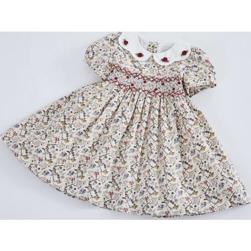 Short Sleeve Vintage Smocked Dresses 2021 Summer For Baby Kids Girl Smock Floral Princess Dress Toddler Children Cotton Clothes