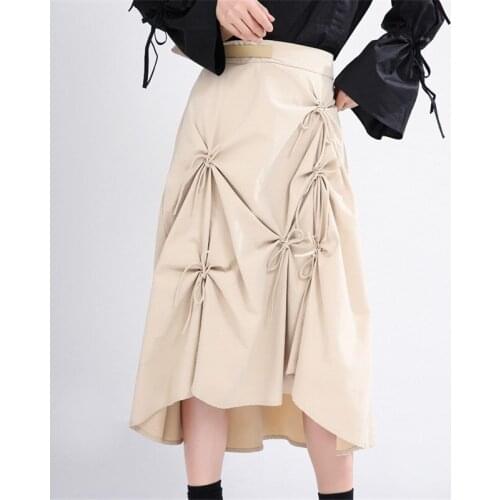 Casual Strap Bow Skirt Women New Summer 2020 Solid Black and Khaki Leather Buckle Adjustment High Waist Irregular A-line Skirts