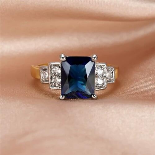 Luxury Female Blue Square Crystal Ring Cute Gold Silver Color Wedding Rings For Women Promise Love Engagement Ring