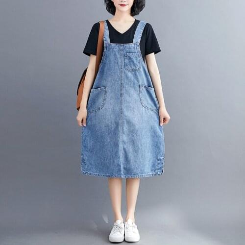 Loose Plus Size Denim Dress Women Casual Straight Autumn Suspender Dresses Off Shoulder Straps Vestidos Mujer Midi Jeans Dress