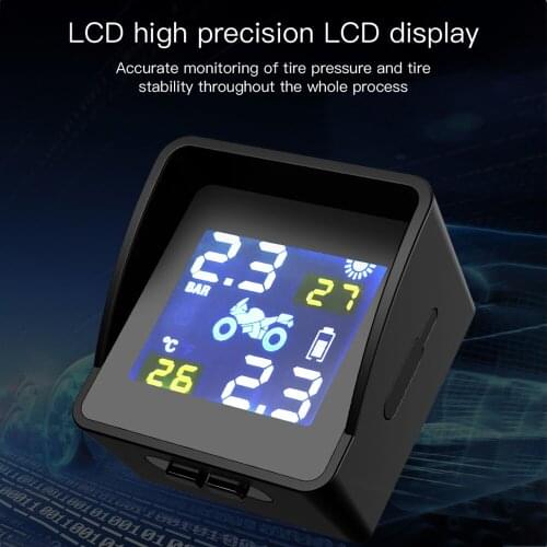 Universal Solar Wireless Tire Pressure Monitor LCD Display Motorcycle Tire Pressure Monitoring System with 2 External Sensor