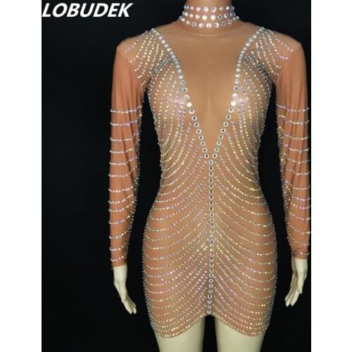 Evening Party Celebration Prom Luxury Costume Silver Rhinestones Mesh Transparent Short Dress Nightclub Bar Singer Stage Wear