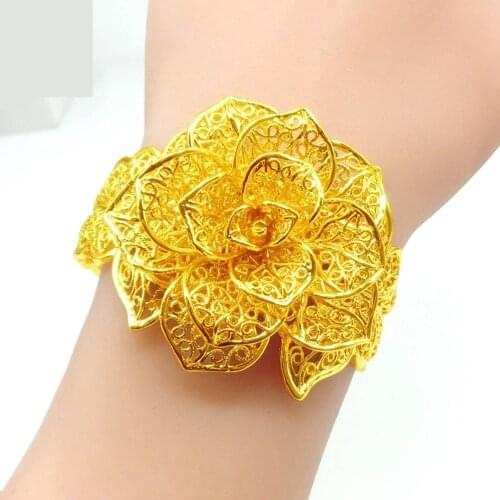 Vivid Flower Cuff Bangle For Women Luxury Bracelet Yellow Gold Filled Filigree Fashion Jewelry
