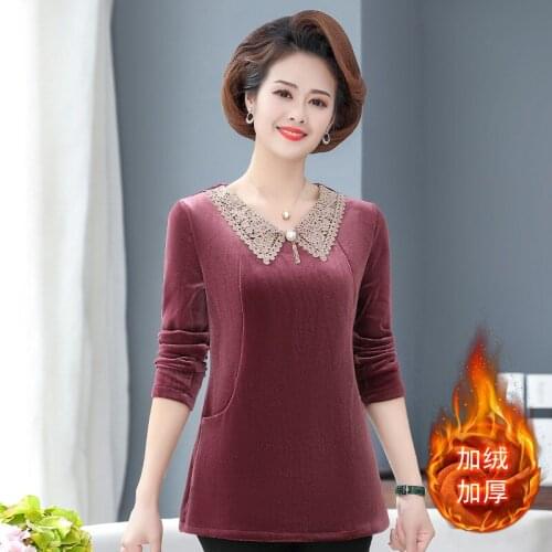 Lace Lapel Women Velvet Warm T-Shirt Fall Winter Mother Clothing Bottom Pullover Vintage Thick Long Sleeve Pocket Tee Tops