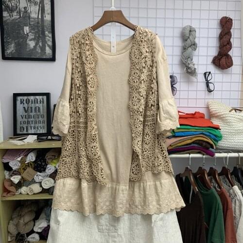 Women T shirt 2021 Summer Cotton Linen Loose Hollow-out O neck Lace Korean Fashion Women Blouse YoYiKamomo