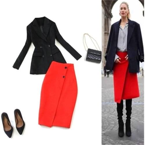 Fashion skirt suit women Autumn /spring New Double-breasted black Blazers coat +Red high waist pencil skirt suit women