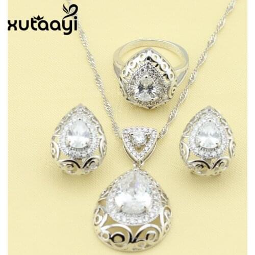 Super Silver Women Fashion Health Jewelry Sets ,Hollow Water Drop White Cubic Zirconia Earrings Rings Necklace Pendant