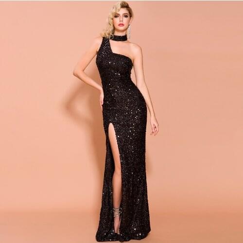 2020 Winter Sequins Irregular Neck bodycon Women Party Dress High Split One Shoulder Sleeveless Maxi Dress