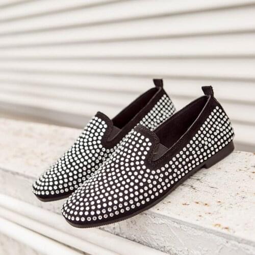 2020 women flats spring sequined shoes crystal dot loafers square toe Casual Shoes silver golden slip on shoes female footwear