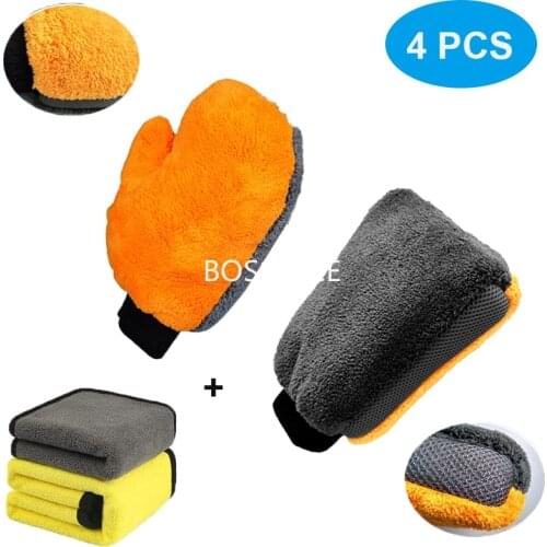 4Pcs Ultra Large Car Wash Glove Microfiber Wash Mitt Soft Coral Fleece Anti-Scratch With Car Cleaning Towel Car Wash Accessories