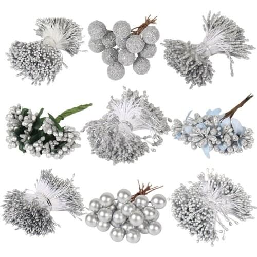 8/10/12/90/144pcs Silver Mixed Hybrid Flower Cherry Stamen Berries Bundle DIY Cake Christmas Wedding Gift Box Wreath Decor