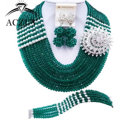 ACZUV 10 Rows African Army Green Beads Jewelry Set for Nigerian Wedding Bridal Jewelry Sets 10LBJZ028