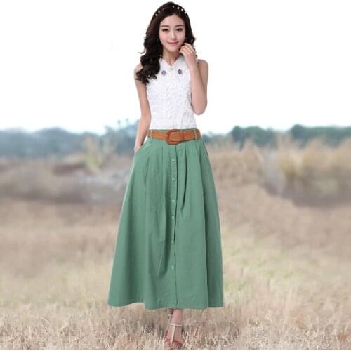 Free Shipping 2019 New Fashion Plus Size S-XL Long Maxi Pleated Skirt Buttons Summer And Autumn Linen Cotton Skirts With Belt