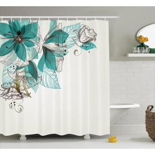 Turquoise Shower Curtain Decor Flowers Buds Leaf at The Top Left Corner Retro Art Festive Season Celebration Bathroom Curtains