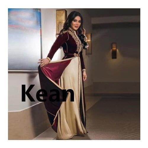 Burgundy Velour Moroccan Kaftan Evening Dress Gold Lace Mother Bride Dresses Vestido de Renda Groom Mother Formal Party Dress
