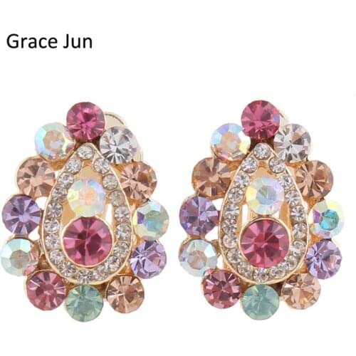 Grace Jun New Arrival Multicolor Rhinestone Crystal Water Drop Shape Clip on Earrings Without Piercing for Girls Ear Clip