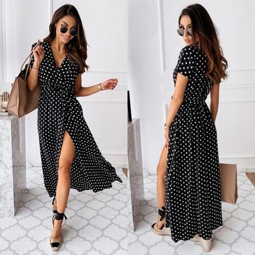 Boho Polka Dot Long Dresses Women Split Short Sleeve Casual Dress 2021 Streetwear Black Maxi Dress Vestidos Summer