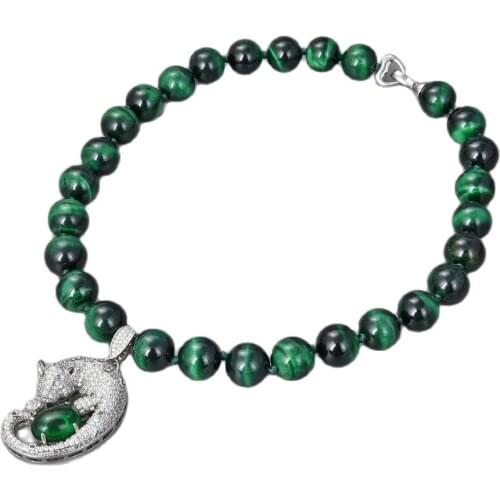 GG Jewelry 18" Round Green Tigers Eye Necklace CZ Pendant