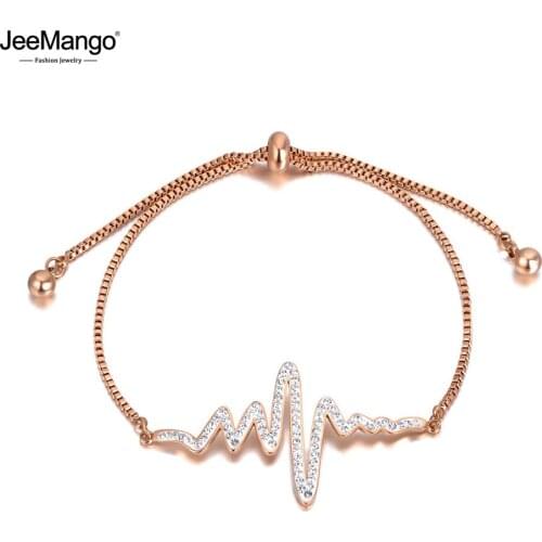 JeeMango Fashion Stainless Steel Heartbeat Charm Bracelets For Women Bohemia CZ Crystal Party Chain Adjustable Bracelet JB20168