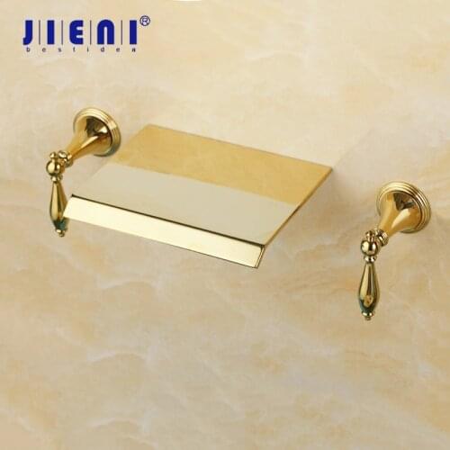 JIENI Golden Plated Bathtub Sink Faucet Polish Gold 2 Handles 3 Pcs Bathroom Faucet Wall Mount Waterfall Basin Faucet Mixer Tap