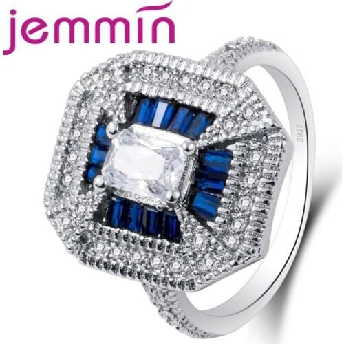 New Arrival Exquisite Craft Dark Sea Blue Cubic Zirconia Square Cut Design 925 Sterling Silver Ring For Women Mens