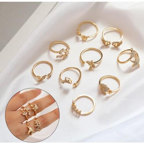 6pcs Classic Copper Plated Retro Leaf Thousand Paper Crane Wings Zircon Open Ring DIY Handmade Personality Ring Jewelry