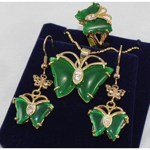 Pretty butterfly green pendant Necklace earrings ring set
