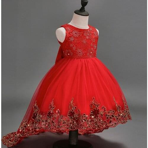 Flower Girl Lace Dress Children Red Mesh Trailing Butterfly Girls Wedding Dresses Kids Ball Gown Embroidered Bow Party Dress