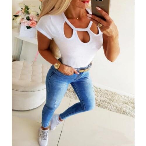 Fashion Women Summer Solid Color T-Shirt Hollow Out Design O-Neck Short Sleeve Slim Fit Pullovers Tops Sexy Tee Shirt Streetwear