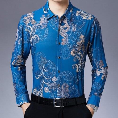 Flowers Printed Mens Shirts Turquoise Baroque Long Sleeve Shirts Man Embroidery Green Mens Clothing Shirts Casual Party Dress