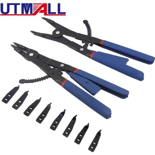 16" Heavy Duty 2pcs Set Circlip Pliers 12 Tips Internal & External Snap Ring Retaining Ratchet Plier Set With Exchangable Tips