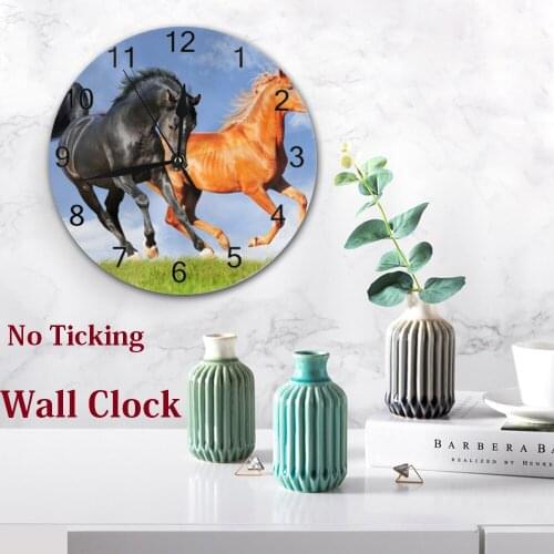 Horses Wall Clocks Round 25CM Numeral Digital Dial Mute Silent Digital Kitchen Clocks Wall Battery Operated Living Room Clocks