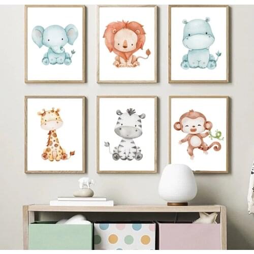 Baby Animals Wall Art Posters Print Elephant Lion Giraffe Zebra Monkey Hippo Canvas Painting Home Pictures Child Kids Room Decor